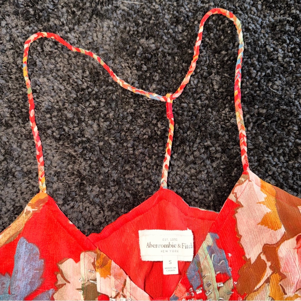 Abercrombie & Fitch Floral Cami Red Pink Button Front Spaghetti Strap Top S - Picture 6 of 12